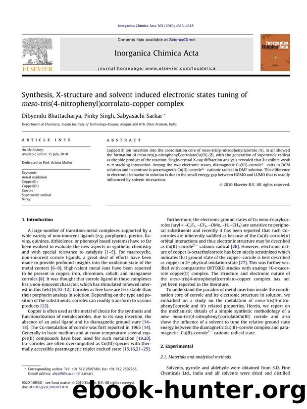 Synthesis, X-structure and solvent induced electronic states tuning of meso-tris(4-nitrophenyl)corrolato-copper complex by Dibyendu Bhattacharya & Pinky Singh & Sabyasachi Sarkar