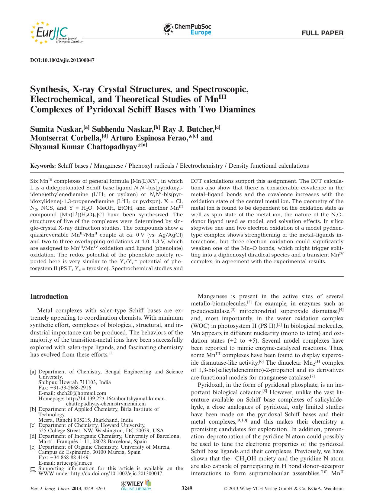 Synthesis, Xray Crystal Structures, and Spectroscopic, Electrochemical, and Theoretical Studies of MnIII Complexes of Pyridoxal Schiff Bases with Two Diamines by Unknown