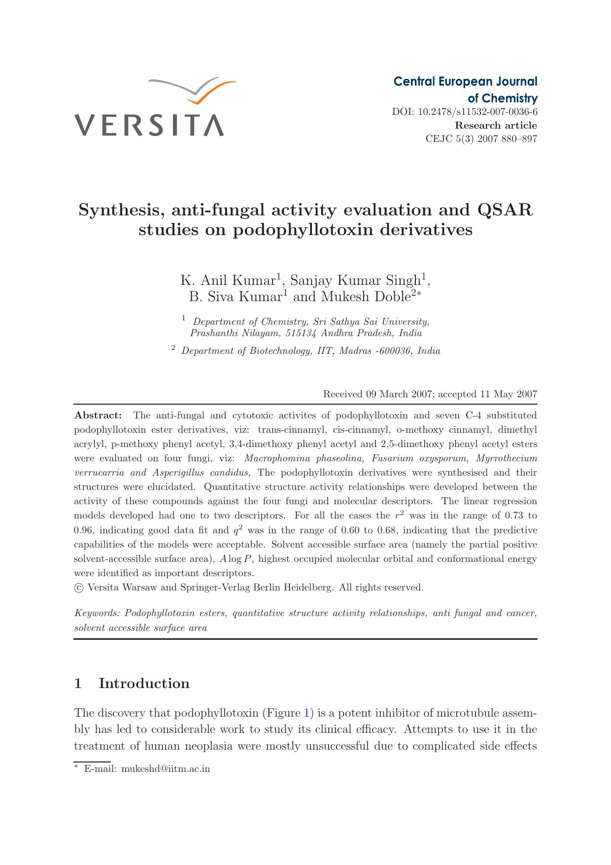 Synthesis, anti-fungal activity evaluation and QSAR studies on podophyllotoxin derivatives by Unknown