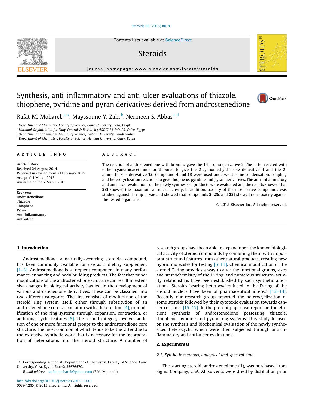 Synthesis, anti-inflammatory and anti-ulcer evaluations of thiazole, thiophene, pyridine and pyran derivatives derived from androstenedione by Rafat M. Mohareb & Mayssoune Y. Zaki & Nermeen S. Abbas
