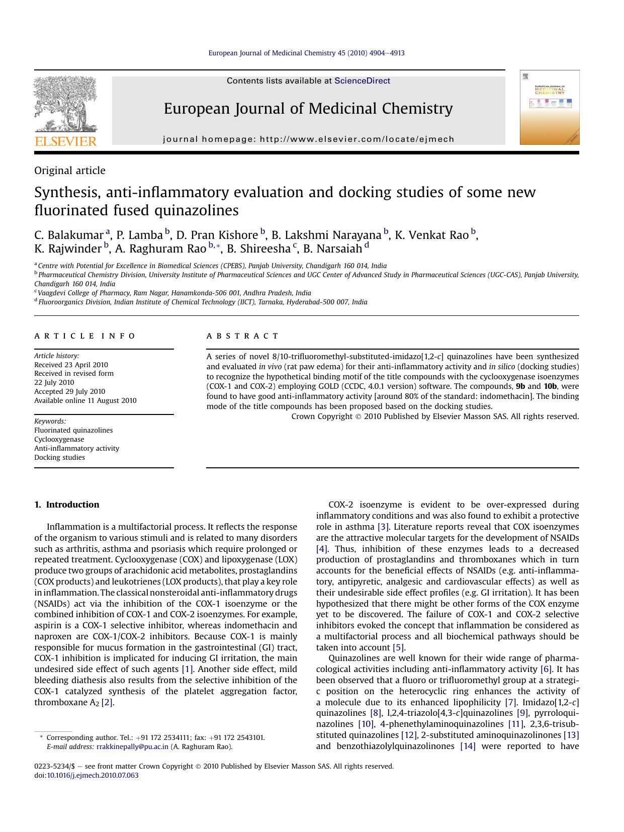 Synthesis, anti-inflammatory evaluation and docking studies of some new fluorinated fused quinazolines by unknow