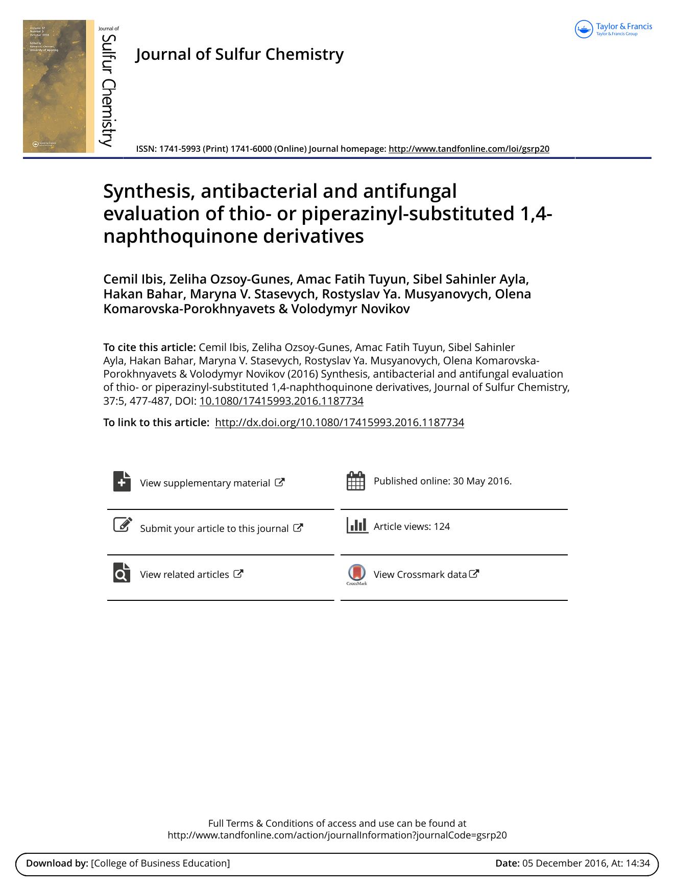 Synthesis, antibacterial and antifungal evaluation of thio- or piperazinyl-substituted 1,4-naphthoquinone derivatives by unknow