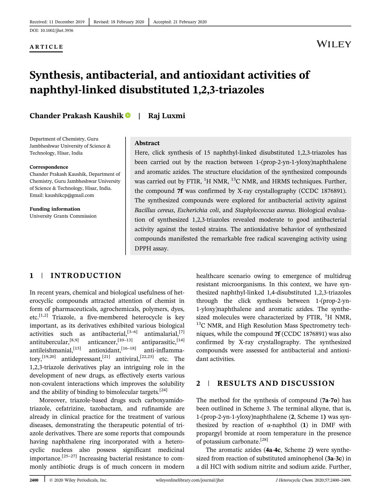 Synthesis, antibacterial and antioxidant activities of naphthyl linked disubstituted 1,2,3-triazoles by Unknown