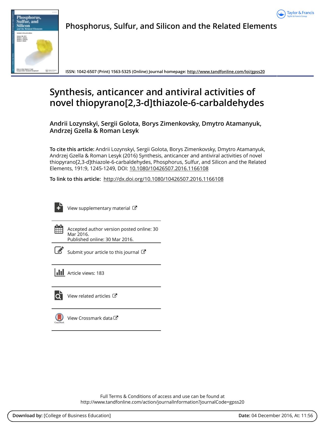 Synthesis, anticancer and antiviral activities of novel thiopyrano[2,3-d]thiazole-6-carbaldehydes by unknow