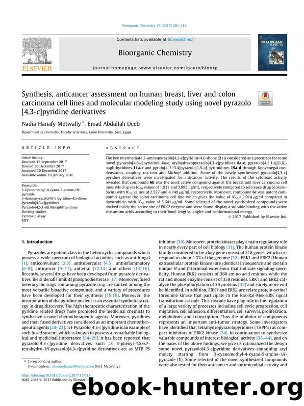 Synthesis, anticancer assessment on human breast, liver and colon carcinoma cell lines and molecular modeling study using novel pyrazolo[4,3-c]pyridine derivatives by Nadia Hanafy Metwally & Emad Abdallah Deeb