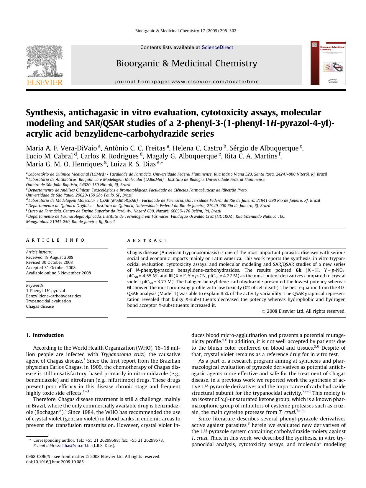 Synthesis, antichagasic in vitro evaluation, cytotoxicity assays, molecular modeling and SARQSAR studies of a 2-phenyl-3-(1-phenyl-1H-pyrazol-4-yl)-acrylic acid benzylidene-carbohydrazide series by unknow