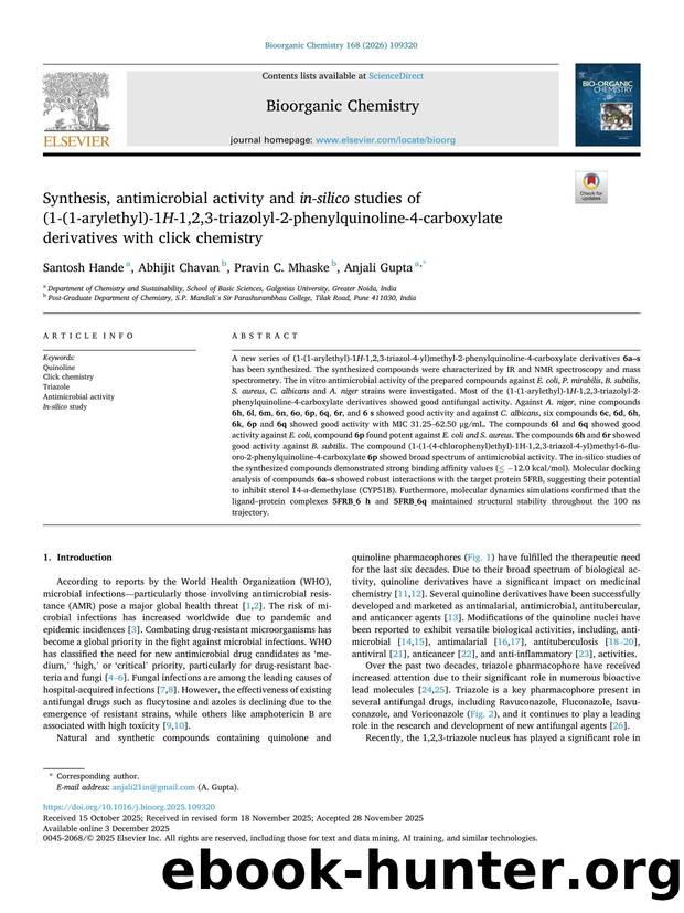 Synthesis, antimicrobial activity and in-silico studies of (1-(1-arylethyl)-1 H -1,2,3-triazolyl-2-phenylquinoline-4-carboxylate derivatives with click chemistry by Santosh Hande & Abhijit Chavan & Pravin C. Mhaske & Anjali Gupta