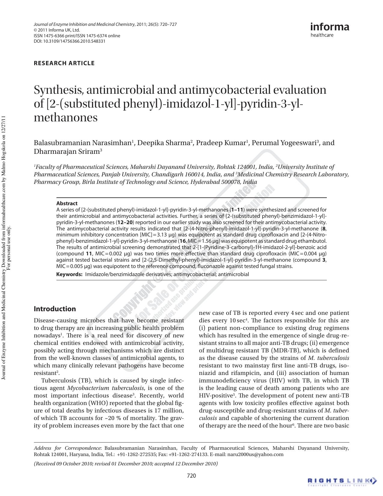 Synthesis, antimicrobial and antimycobacterial evaluation of [2-(substituted phenyl)-imidazol-1-yl]-pyridin-3-yl-methanones by unknow