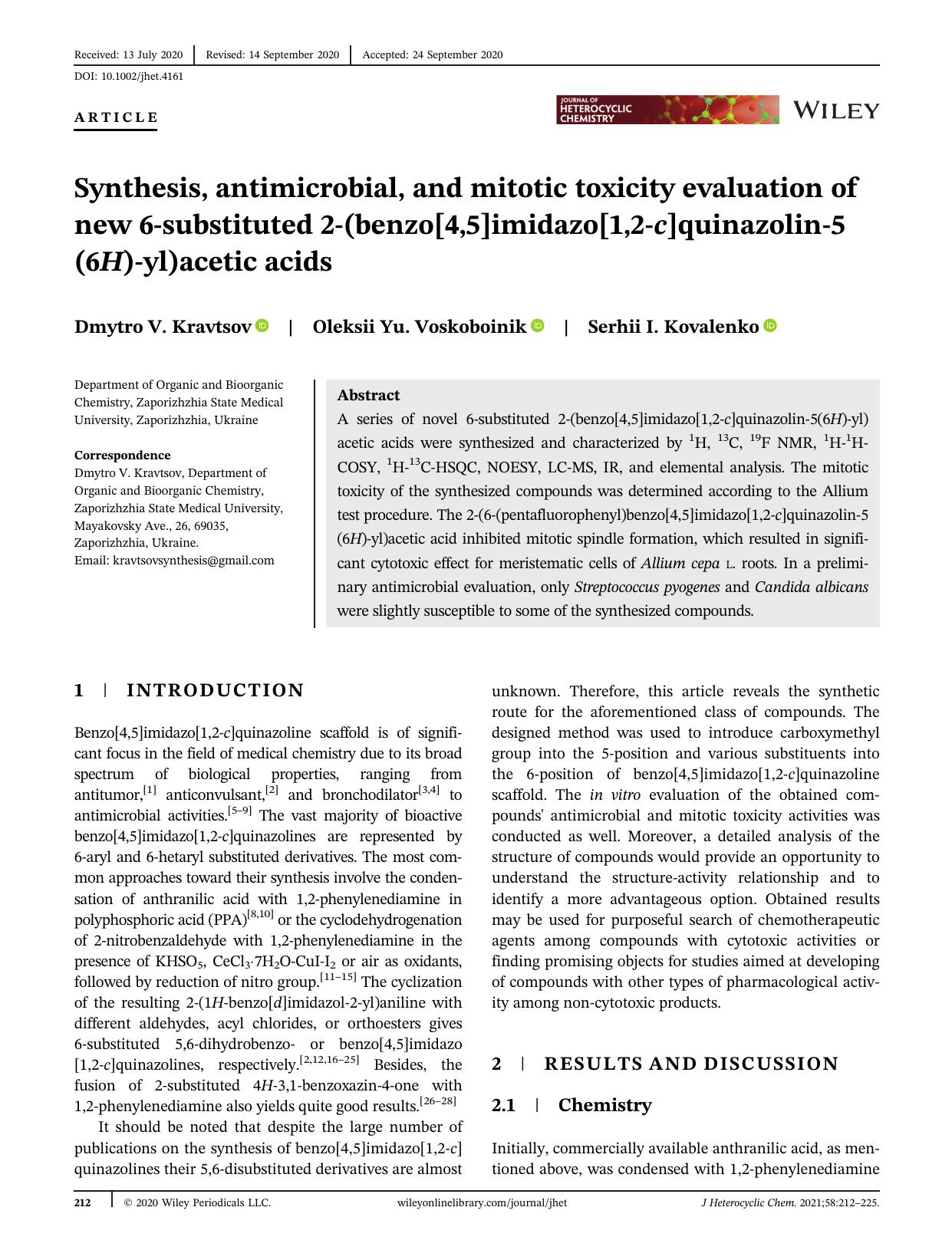 Synthesis, antimicrobial and mitotic toxicity evaluation of new 6-substituted 2-(benzo[4,5]imidazo[1,2-c]quinazolin-5(6H)-yl)acetic acids by Unknown