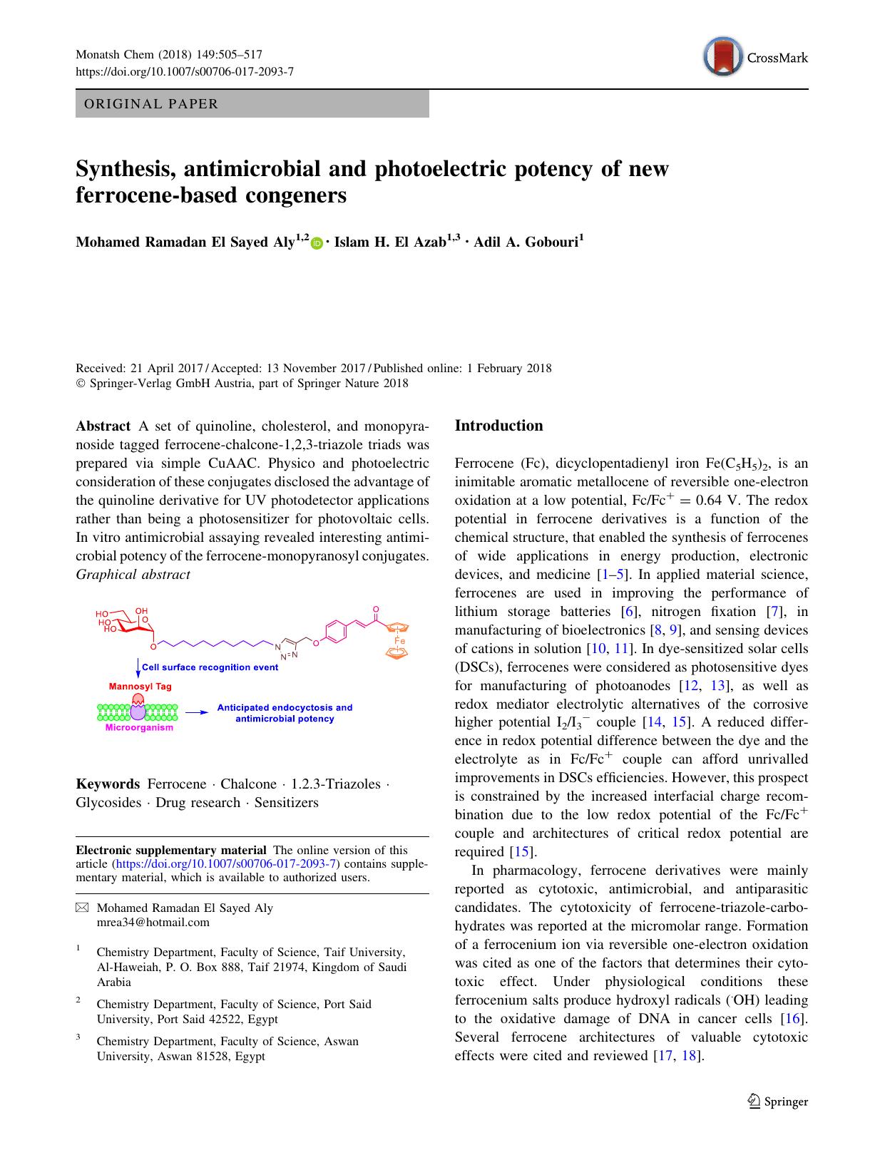 Synthesis, antimicrobial and photoelectric potency of new ferrocene-based congeners by Mohamed Ramadan El Sayed Aly & Islam H. El Azab & Adil A. Gobouri