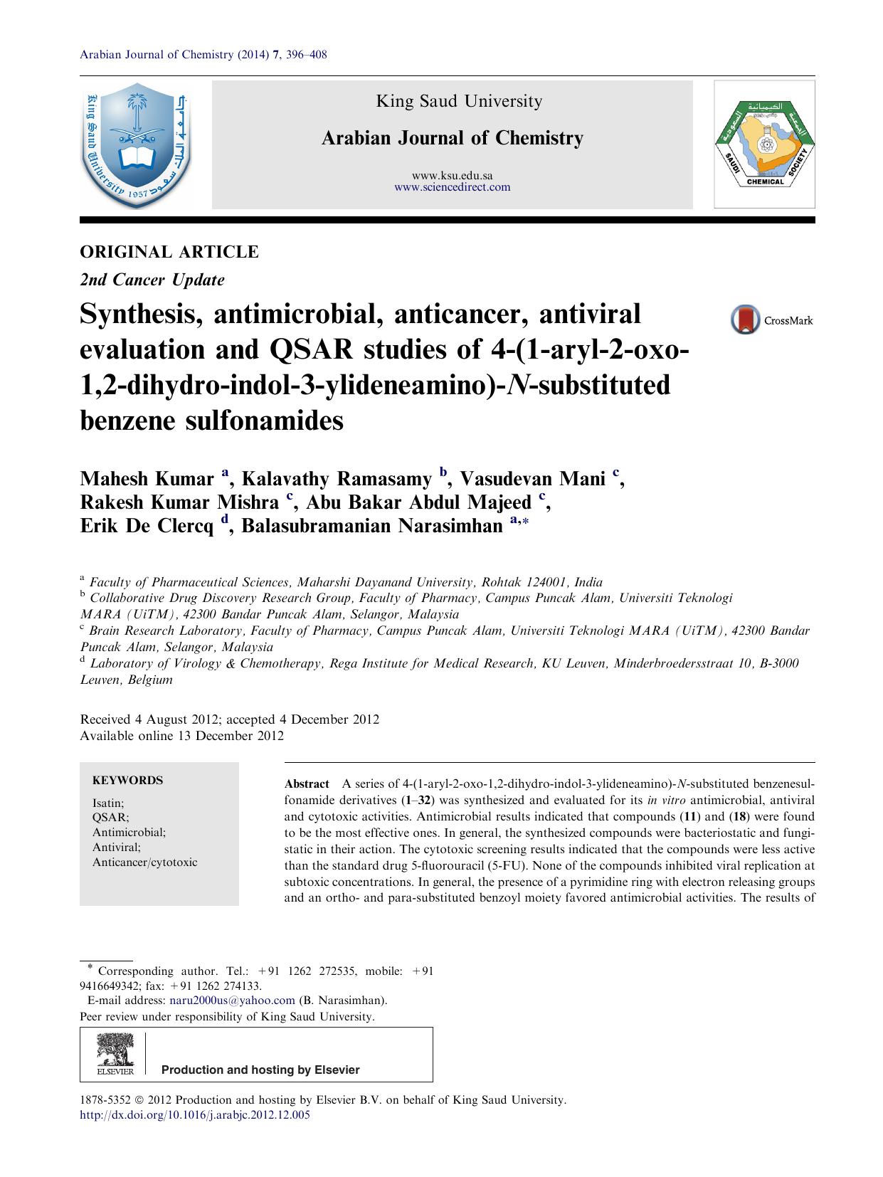 Synthesis, antimicrobial, anticancer, antiviral evaluation and QSAR studies of 4-(1-aryl-2-oxo-1,2-dihydro-indol-3-ylideneamino)-N-substituted benzene sulfonamides by unknow