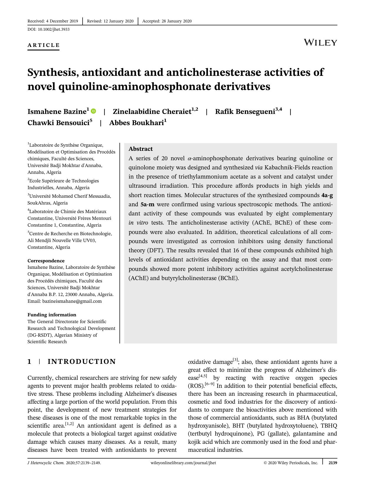 Synthesis, antioxidant and anticholinesterase activities of novel quinoline-aminophosphonate derivatives. by Unknown
