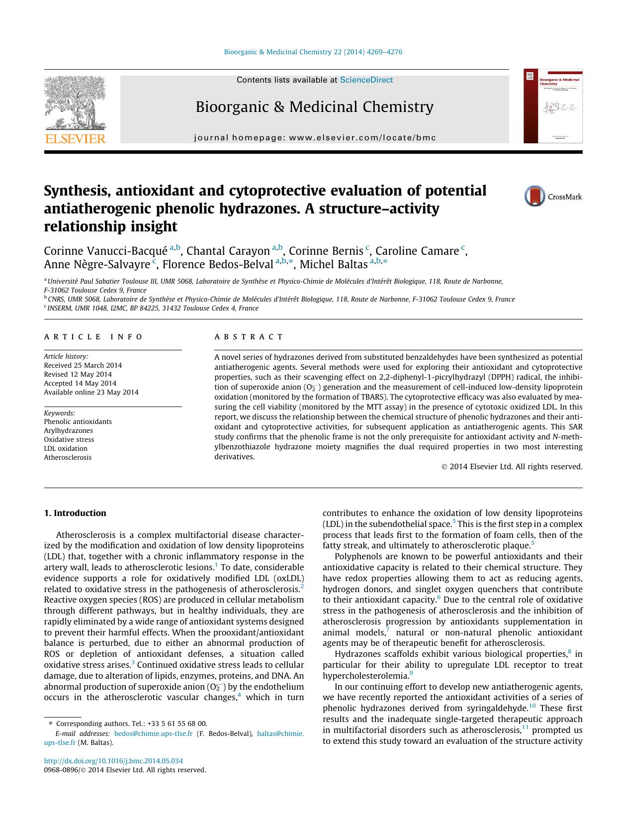 Synthesis, antioxidant and cytoprotective evaluation of potential antiatherogenic phenolic hydrazones. A structureÃ¢â¬âactivity relationship insight by unknow