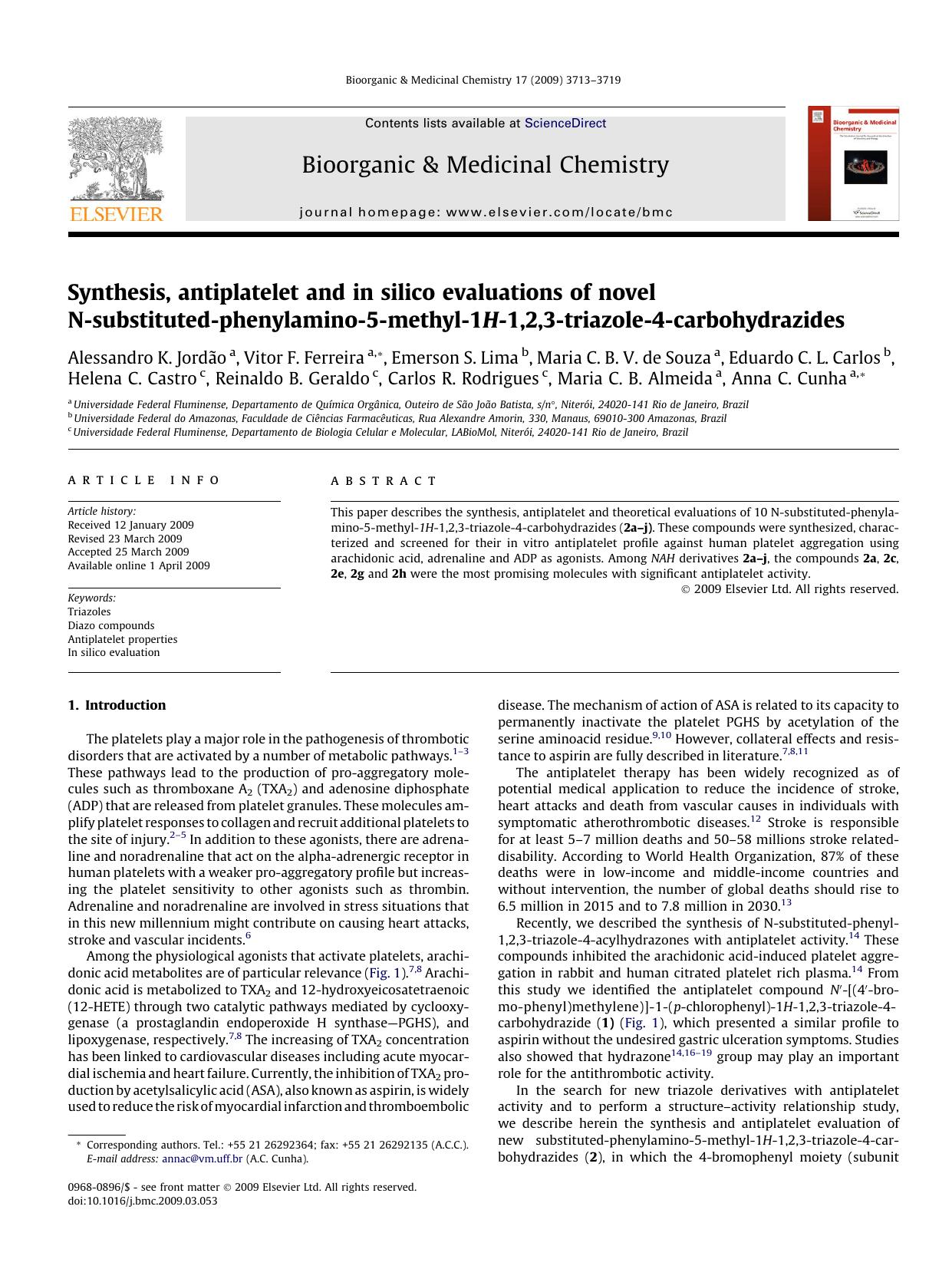 Synthesis, antiplatelet and in silico evaluations of novel N-substituted-phenylamino-5-methyl-1H-1,2,3-triazole-4-carbohydrazides by unknow