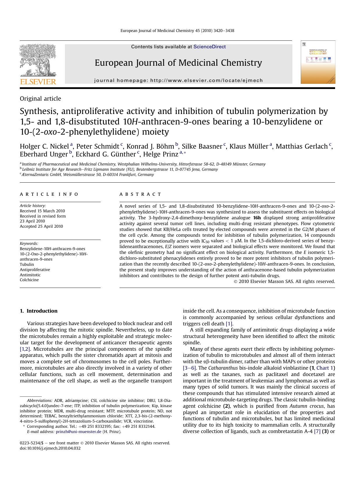 Synthesis, antiproliferative activity and inhibition of tubulin polymerization by 1,5- and 1,8-disubstituted 10H-anthracen-9-ones bearing a 10-benzylidene or 10-(2-oxo-2-phenylethylidene) moiety by unknow