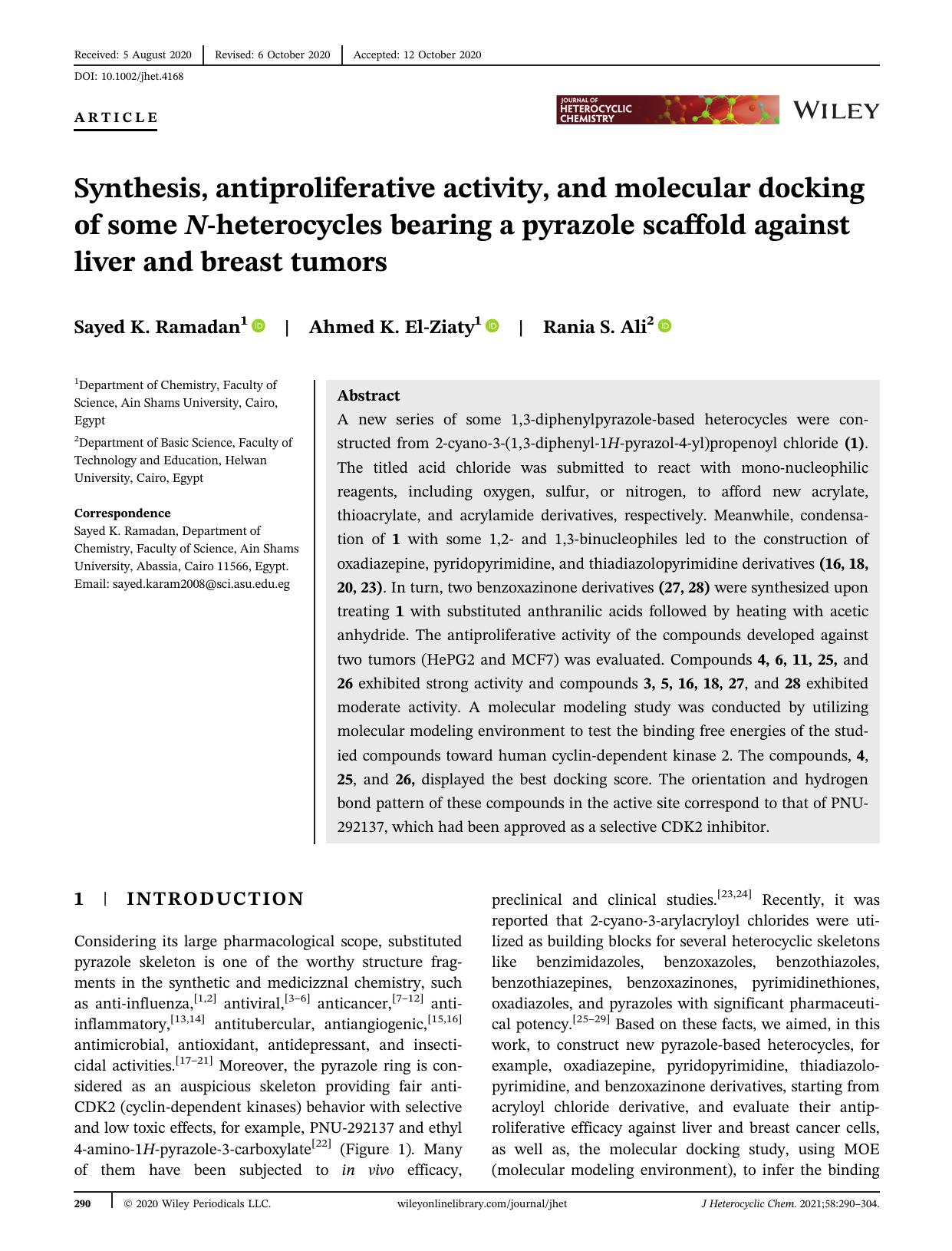 Synthesis, antiproliferative activity and molecular docking of some N-heterocycles bearing a pyrazole scaffold against liver and breast tumors by Unknown