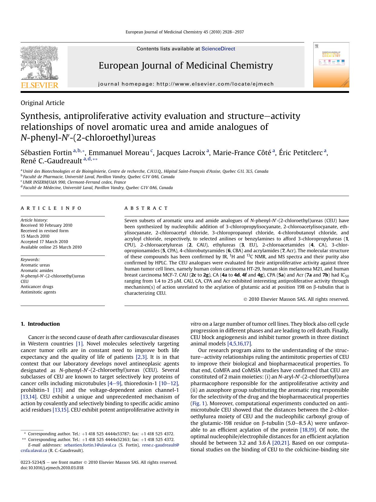 Synthesis, antiproliferative activity evaluation and structure-activity relationships of novel aromatic urea and amide analogues of N-phenyl-N&prime;-(2-chloroethyl)ureas by unknow