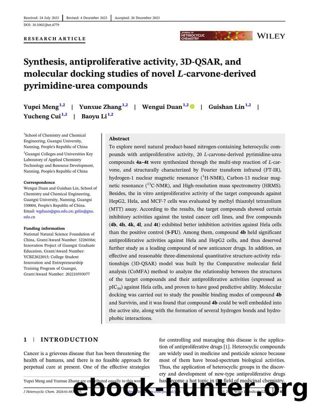 Synthesis, antiproliferative activity, 3DâQSAR and molecular docking studies of novel Lâcarvoneâderived pyrimidineâurea compounds by Unknown