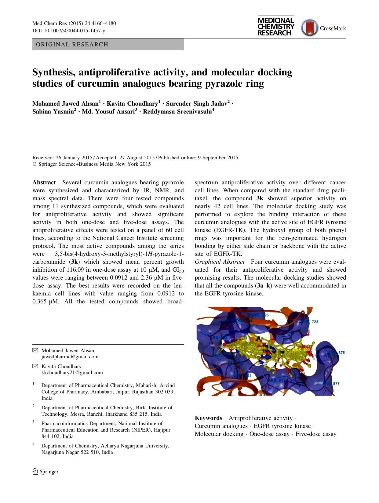 Synthesis, antiproliferative activity, and molecular docking studies of curcumin analogues bearing pyrazole ring by unknow