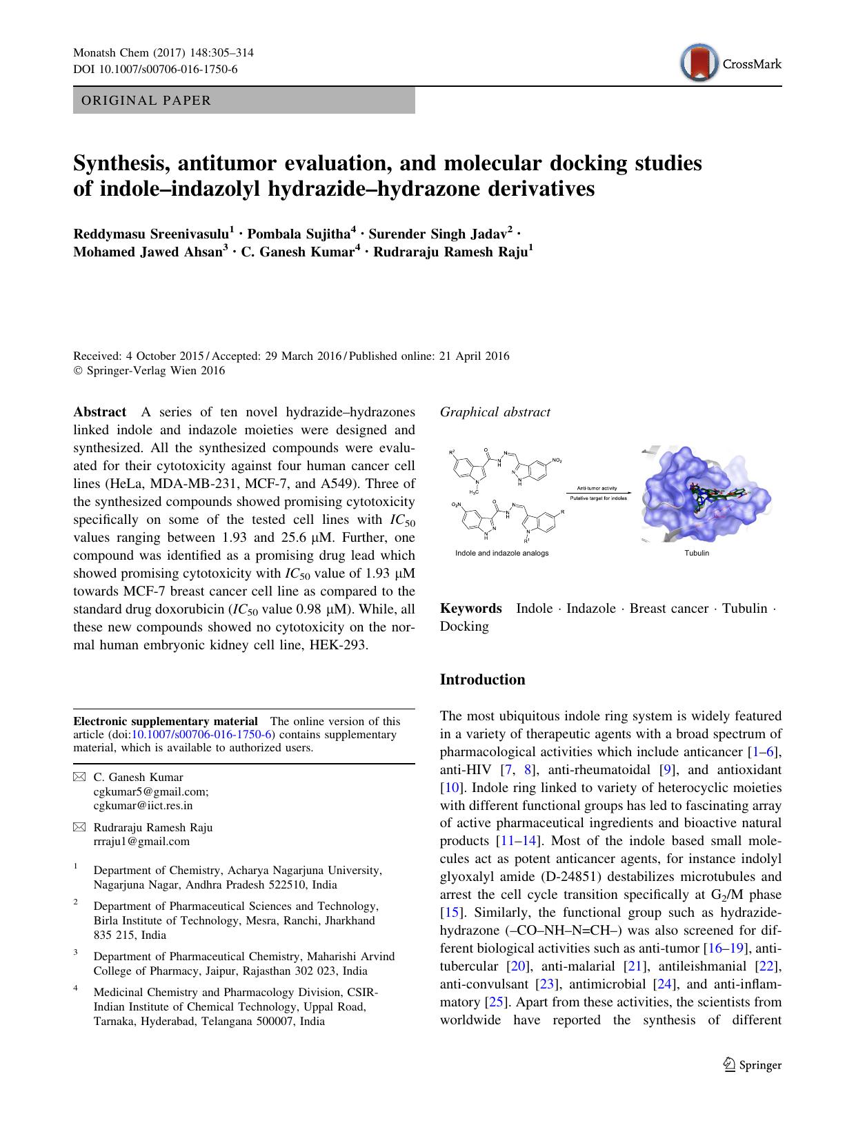 Synthesis, antitumor evaluation, and molecular docking studies of indoleâindazolyl hydrazideâhydrazone derivatives by unknow