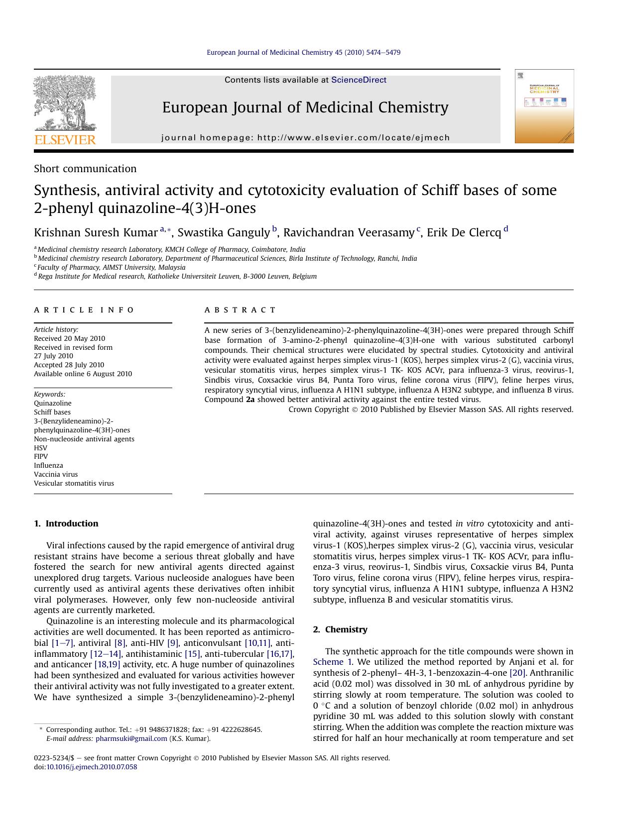 Synthesis, antiviral activity and cytotoxicity evaluation of Schiff bases of some 2-phenyl quinazoline-4(3)H-ones by Krishnan Suresh Kumar & Swastika Ganguly & Ravichandran Veerasamy & Erik De Clercq