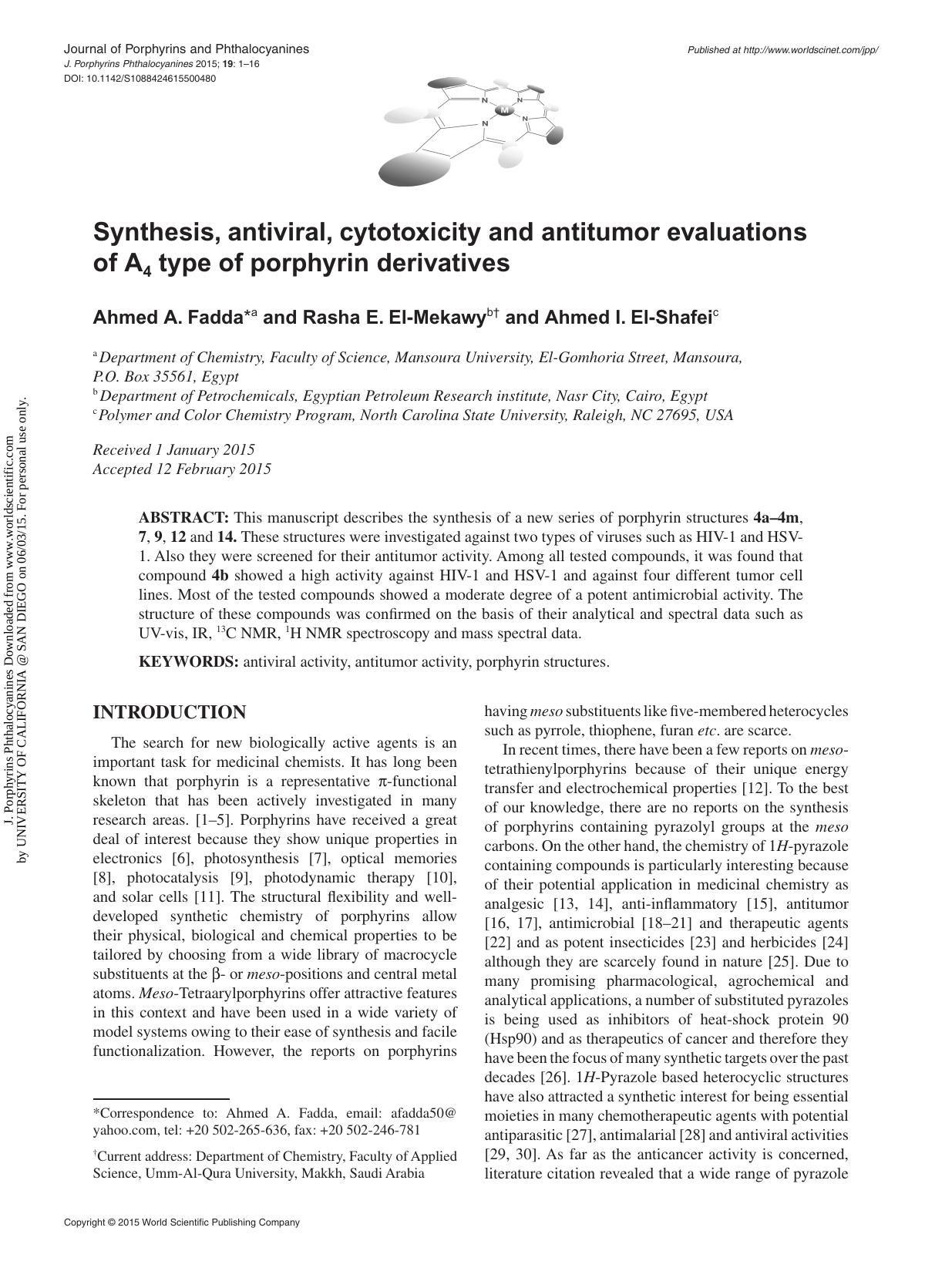 Synthesis, antiviral, cytotoxicity and antitumor evaluations of A4 type of porphyrin derivatives by Ahmed A. Fadda Rasha E. El-Mekawy & Ahmed I. El-Shafei