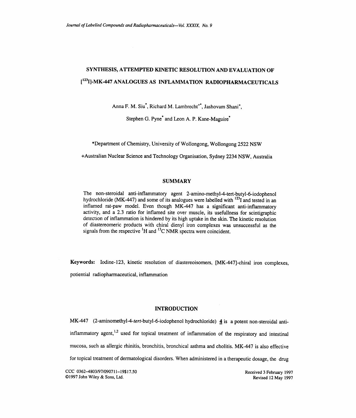 Synthesis, attempted kinetic resolution and evaluation of [123I]-MK-447 analogues as inflammation radiopharmaceuticals by Unknown