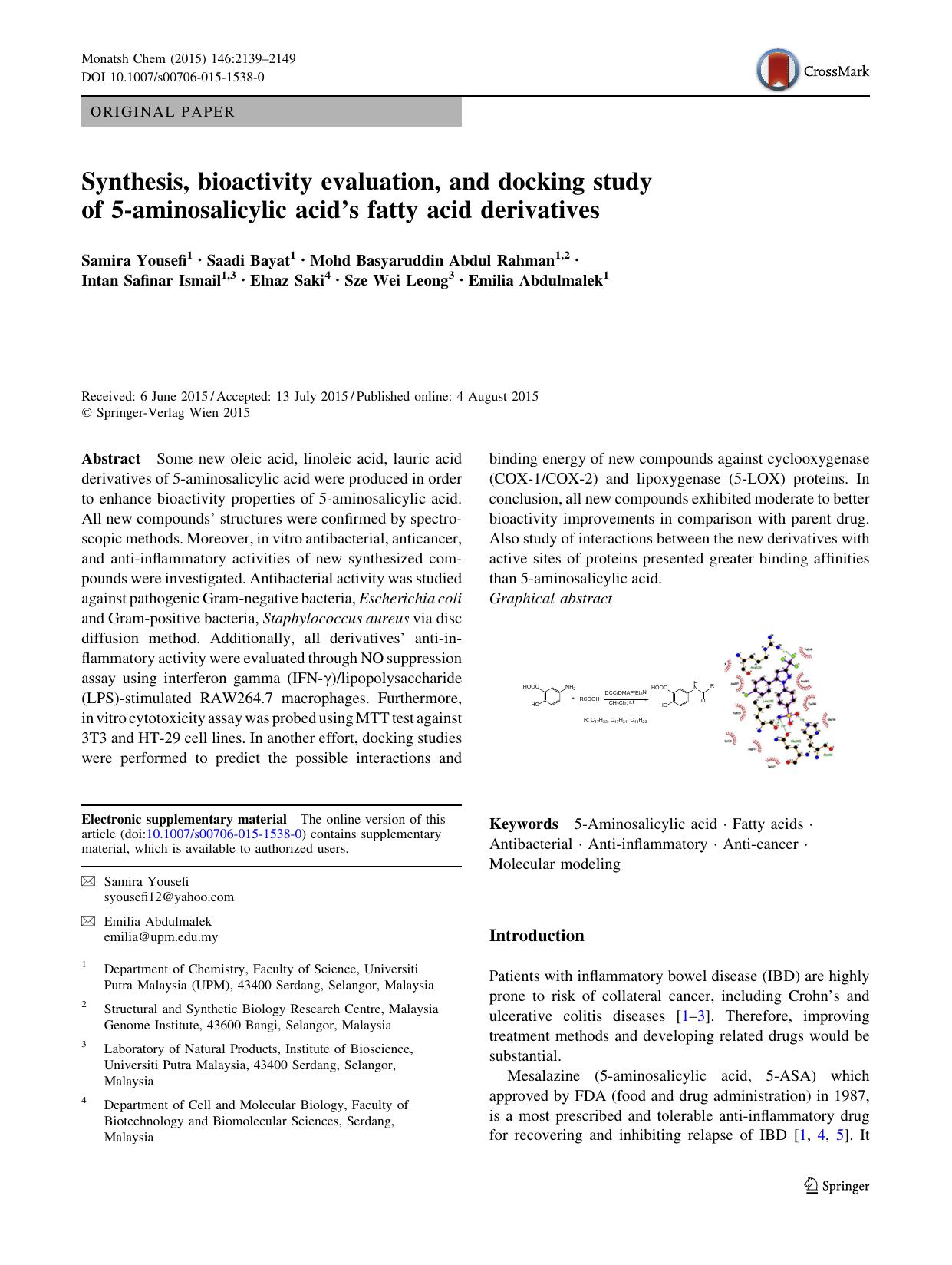 Synthesis, bioactivity evaluation, and docking study of 5-aminosalicylic acidâs fatty acid derivatives by unknow