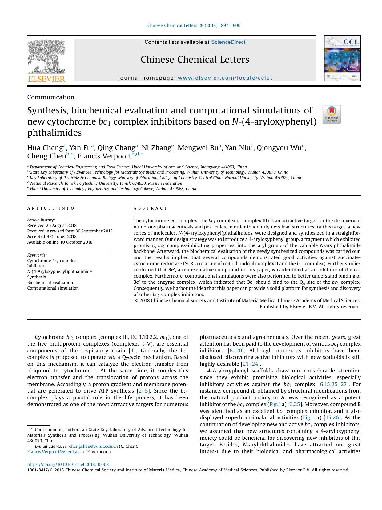 Synthesis, biochemical evaluation and computational simulations of new cytochrome bc1 complex inhibitors based on N-(4-aryloxyphenyl) phthalimides by unknow