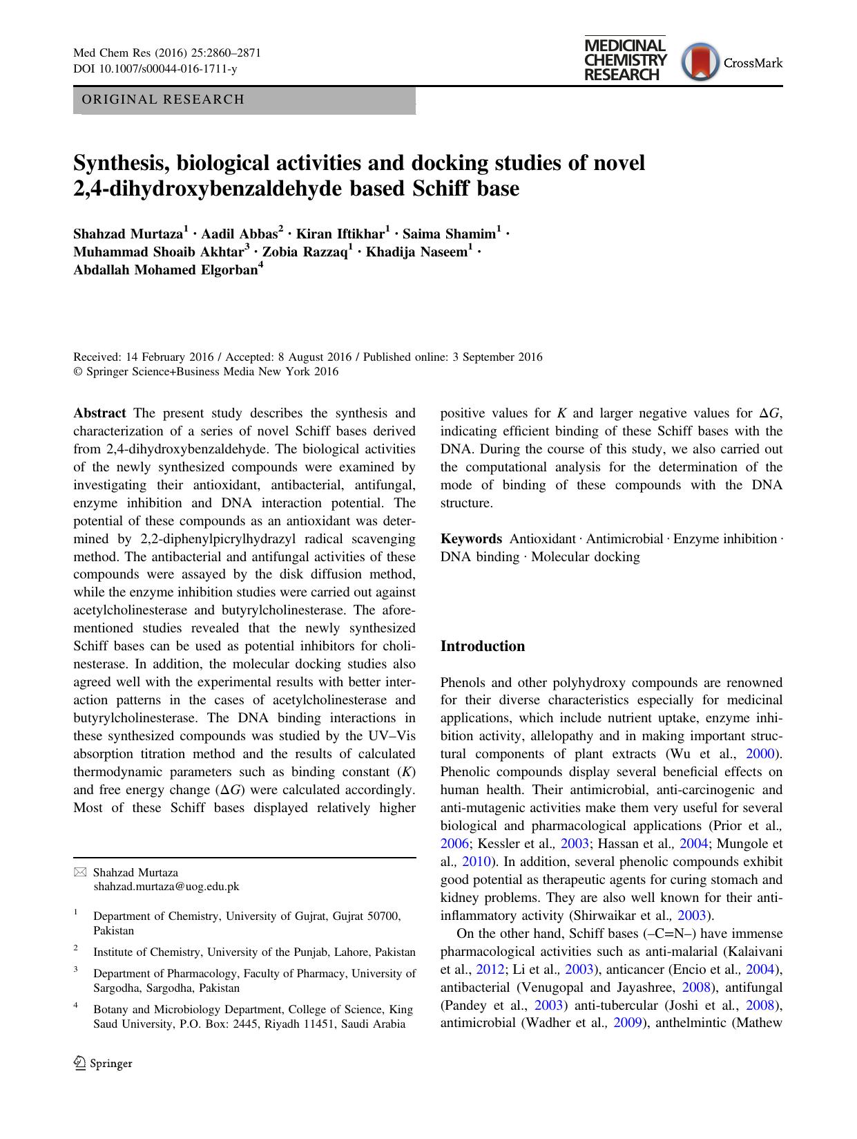 Synthesis, biological activities and docking studies of novel 2,4-dihydroxybenzaldehyde based Schiff base by unknow