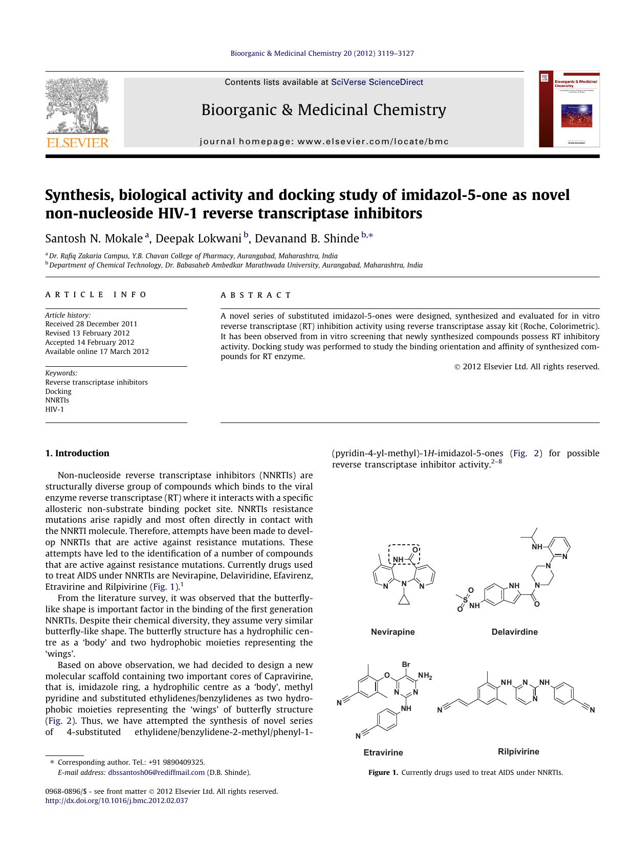 Synthesis, biological activity and docking study of imidazol-5-one as novel non-nucleoside HIV-1 reverse transcriptase inhibitors by Santosh N. Mokale & Deepak Lokwani & Devanand B. Shinde