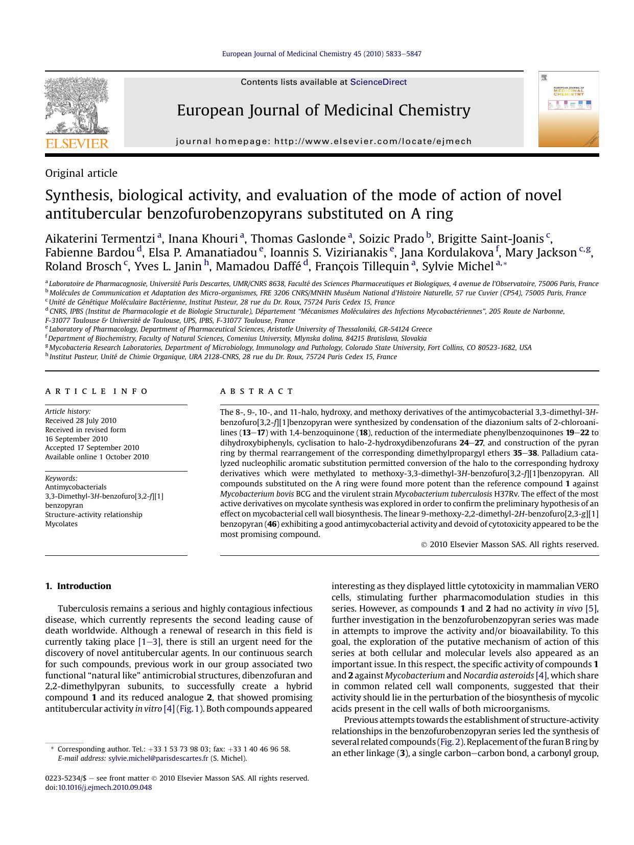 Synthesis, biological activity, and evaluation of the mode of action of novel antitubercular benzofurobenzopyrans substituted on A ring by unknow