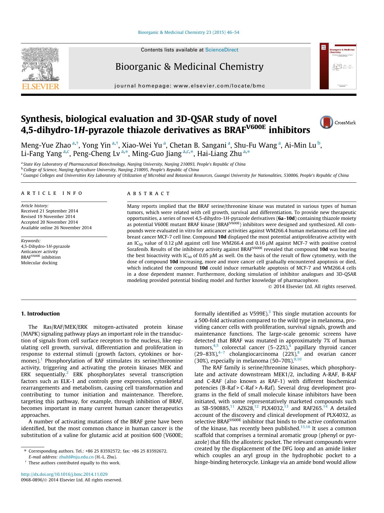 Synthesis, biological evaluation and 3D-QSAR study of novel 4,5-dihydro-1H-pyrazole thiazole derivatives as BRAFV600E inhibitors by unknow