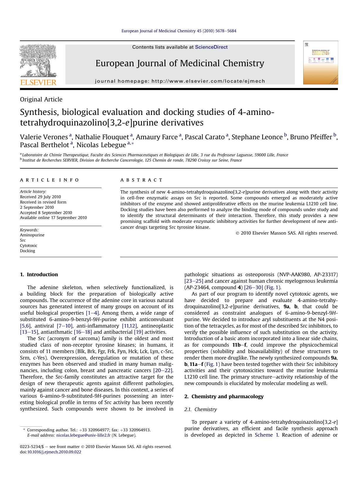 Synthesis, biological evaluation and docking studies of 4-amino-tetrahydroquinazolino[3,2-e]purine derivatives by unknow