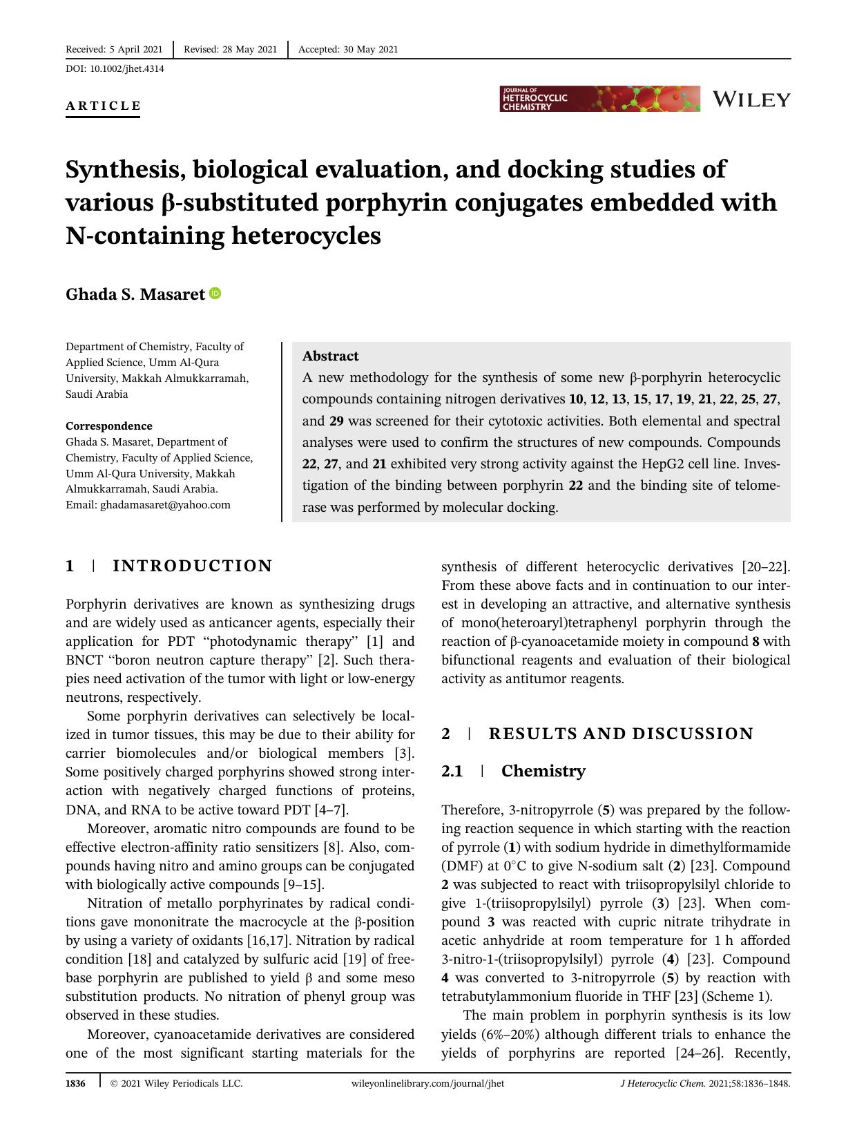 Synthesis, biological evaluation and docking studies of various Î²-substituted porphyrin conjugates embedded with N-containing heterocycles by Unknown