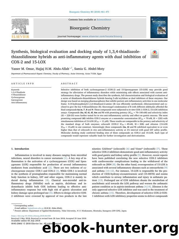 Synthesis, biological evaluation and docking study of 1,3,4-thiadiazole-thiazolidinone hybrids as anti-inflammatory agents with dual inhibition of COX-2 and 15-LOX by Yasser M. Omar & Hajjaj H.M. Abdu-Allah & Samia G. Abdel-Moty