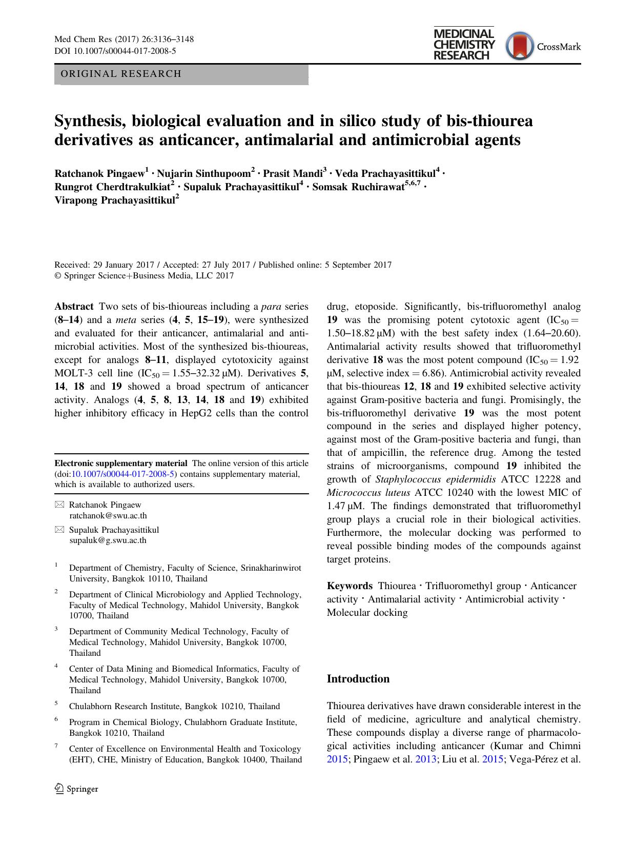 Synthesis, biological evaluation and in silico study of bis-thiourea derivatives as anticancer, antimalarial and antimicrobial agents by unknow