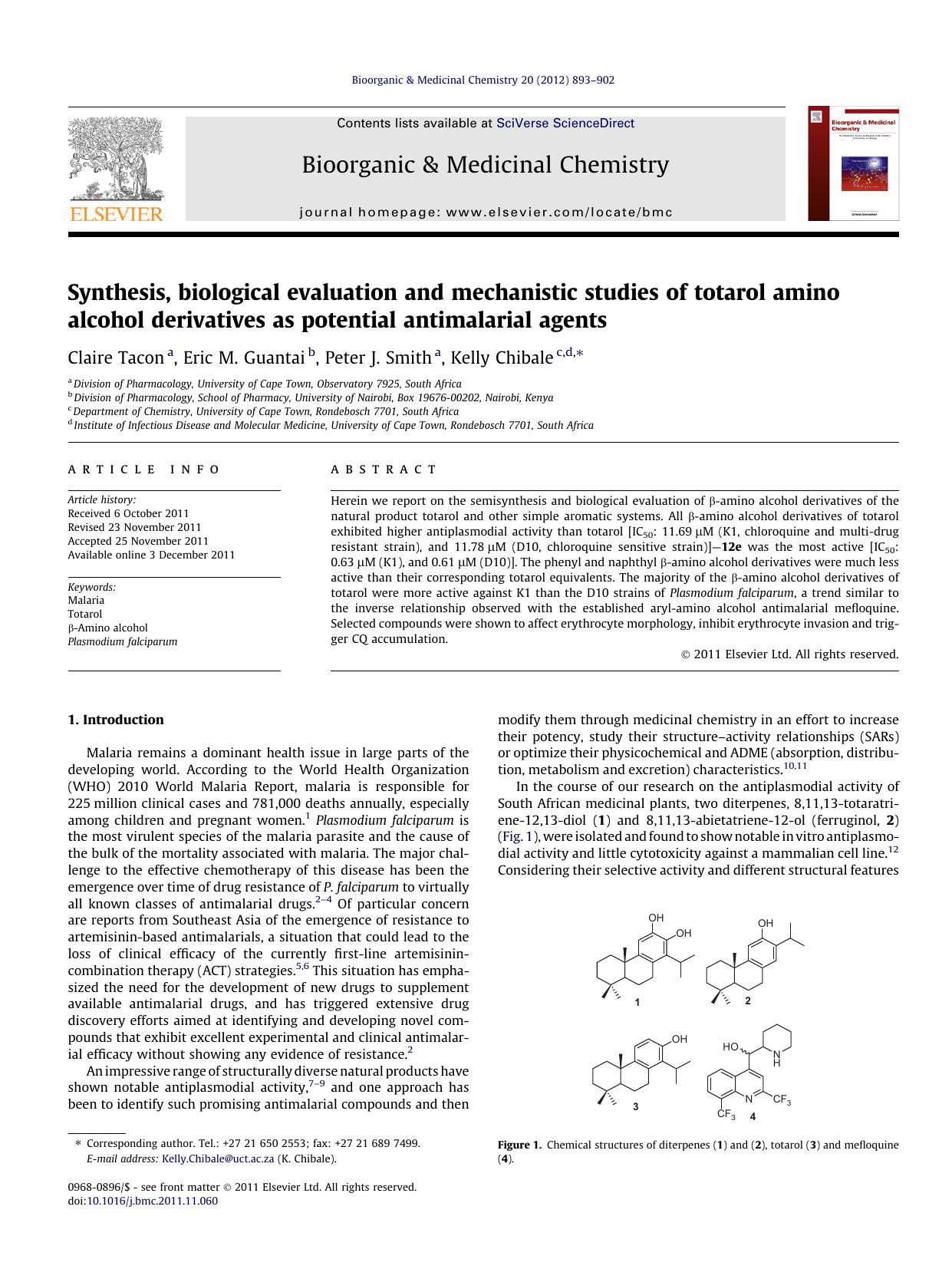 Synthesis, biological evaluation and mechanistic studies of totarol amino alcohol derivatives as potential antimalarial agents by Claire Tacon & Eric M. Guantai & Peter J. Smith & Kelly Chibale