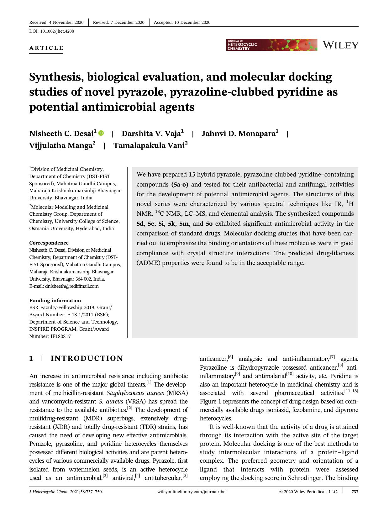 Synthesis, biological evaluation and molecular docking studies of novel pyrazole, pyrazoline clubbed pyridine as potential antimicrobial agents by Unknown