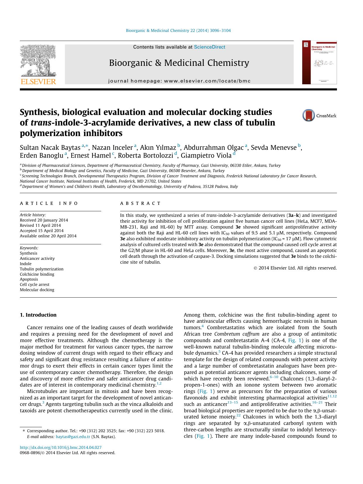 Synthesis, biological evaluation and molecular docking studies of trans-indole-3-acrylamide derivatives, a new class of tubulin polymerization inhibitors by unknow