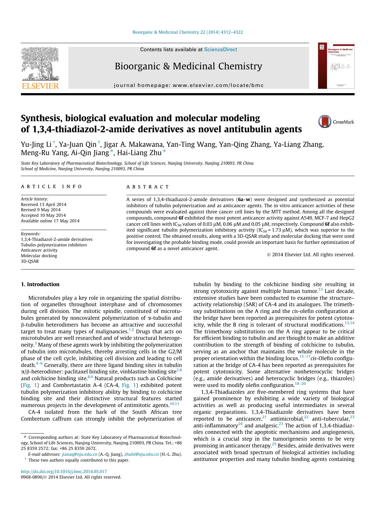 Synthesis, biological evaluation and molecular modeling of 1,3,4-thiadiazol-2-amide derivatives as novel antitubulin agents by unknow