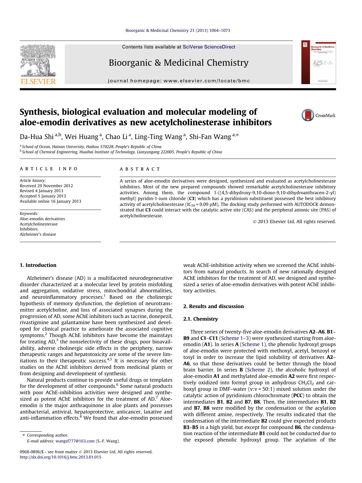 Synthesis, biological evaluation and molecular modeling of aloe-emodin derivatives as new acetylcholinesterase inhibitors by Da-Hua Shi & Wei Huang & Chao Li & Ling-Ting Wang & Shi-Fan Wang