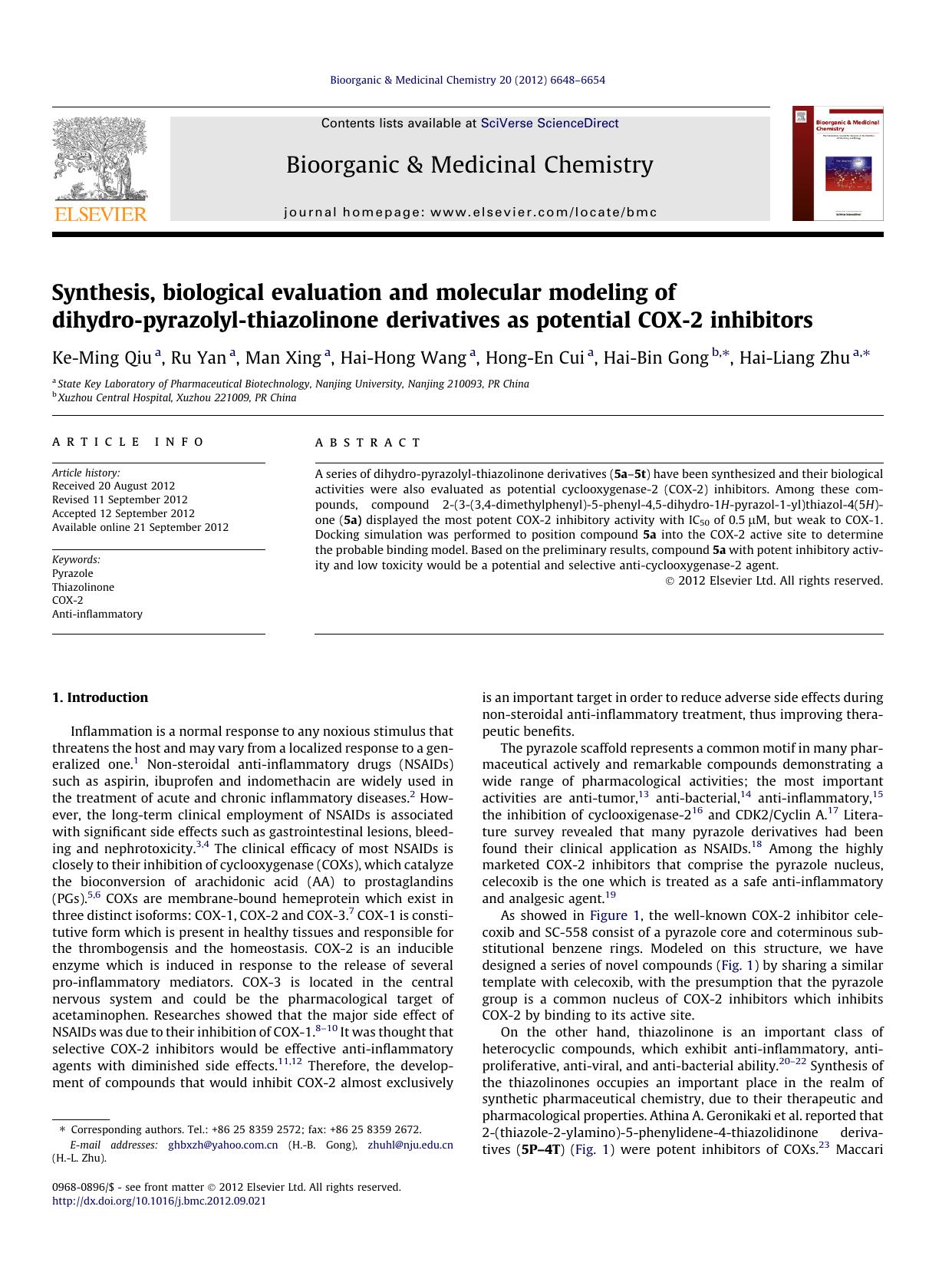 Synthesis, biological evaluation and molecular modeling of dihydro-pyrazolyl-thiazolinone derivatives as potential COX-2 inhibitors by Ke-Ming Qiu & Ru Yan & Man Xing & Hai-Hong Wang & Hong-En Cui & Hai-Bin Gong & Hai-Liang Zhu