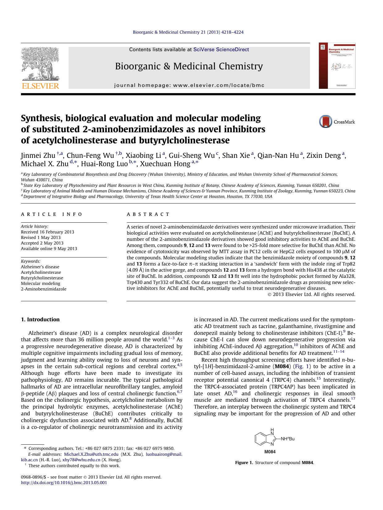 Synthesis, biological evaluation and molecular modeling of substituted 2-aminobenzimidazoles as novel inhibitors of acetylcholinesterase and butyrylcholinesterase by unknow