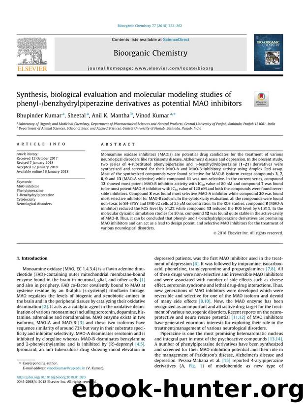 Synthesis, biological evaluation and molecular modeling studies of phenyl-benzhydrylpiperazine derivatives as potential MAO inhibitors by Bhupinder Kumar & Sheetal & Anil K. Mantha & Vinod Kumar