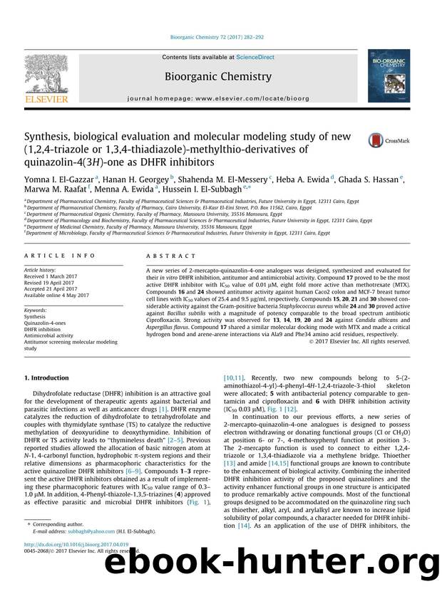 Synthesis, biological evaluation and molecular modeling study of new (1,2,4-triazole or 1,3,4-thiadiazole)-methylthio-derivatives of quinazolin-4(3H)-one as DHFR inhibitors by unknow