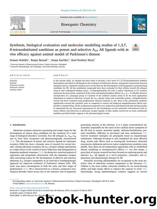 Synthesis, biological evaluation and molecular modelling studies of 1,3,7,8-tetrasubstituted xanthines as potent and selective A2A AR ligands with in vivo efficacy against animal m by Suman Rohilla & Ranju Bansal & Sonja Kachler & Karl-Norbert Klotz