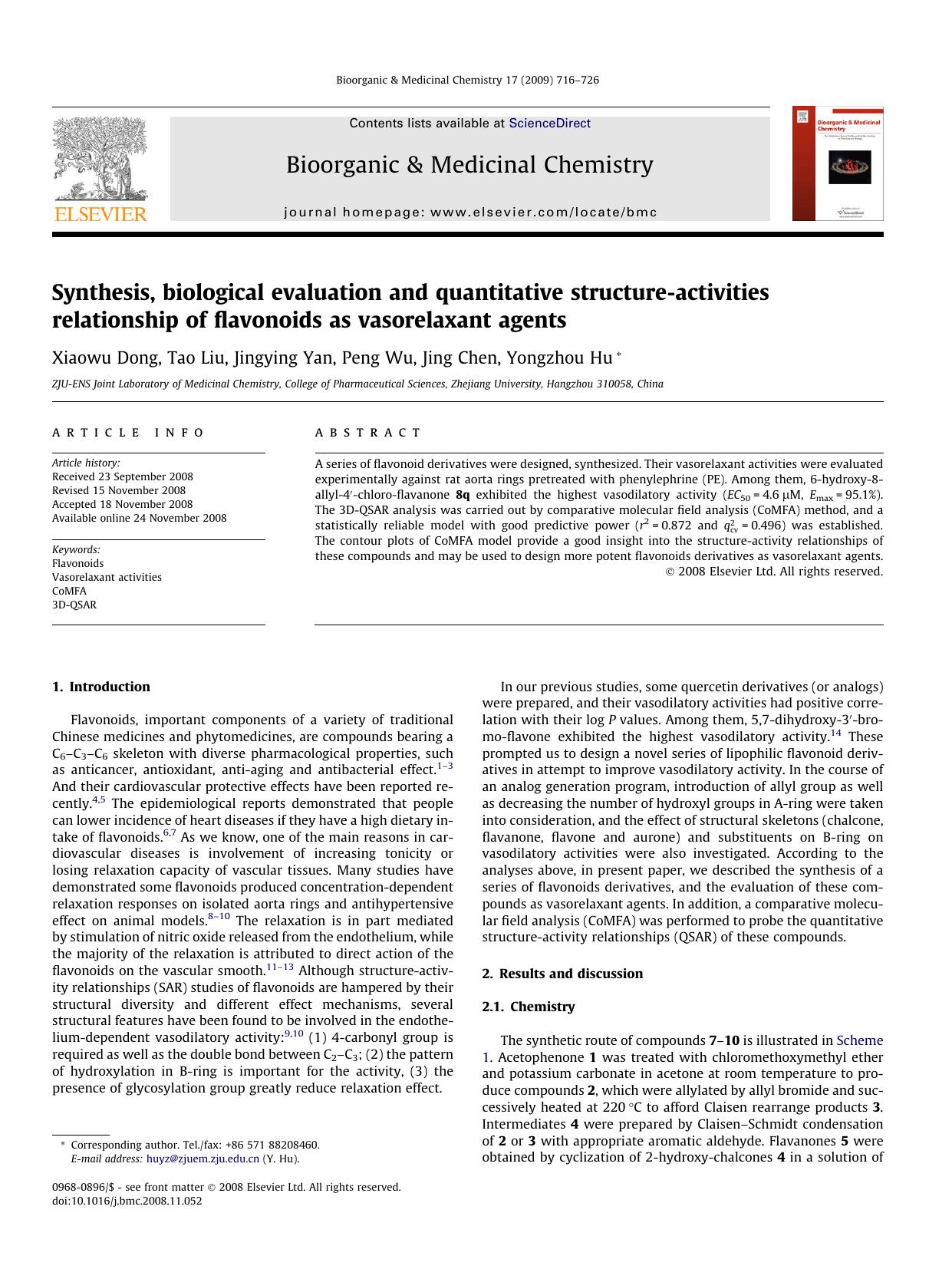 Synthesis, biological evaluation and quantitative structure-activities relationship of flavonoids as vasorelaxant agents by Xiaowu Dong; Tao Liu; Jingying Yan; Peng Wu; Jing Chen; Yongzhou Hu