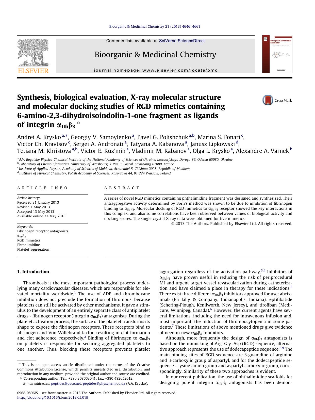 Synthesis, biological evaluation, X-ray molecular structure and molecular docking studies of RGD mimetics containing 6-amino-2,3-dihydroisoindolin-1-one fragment as ligands of integrin Î±IIbÎ²3 by unknow