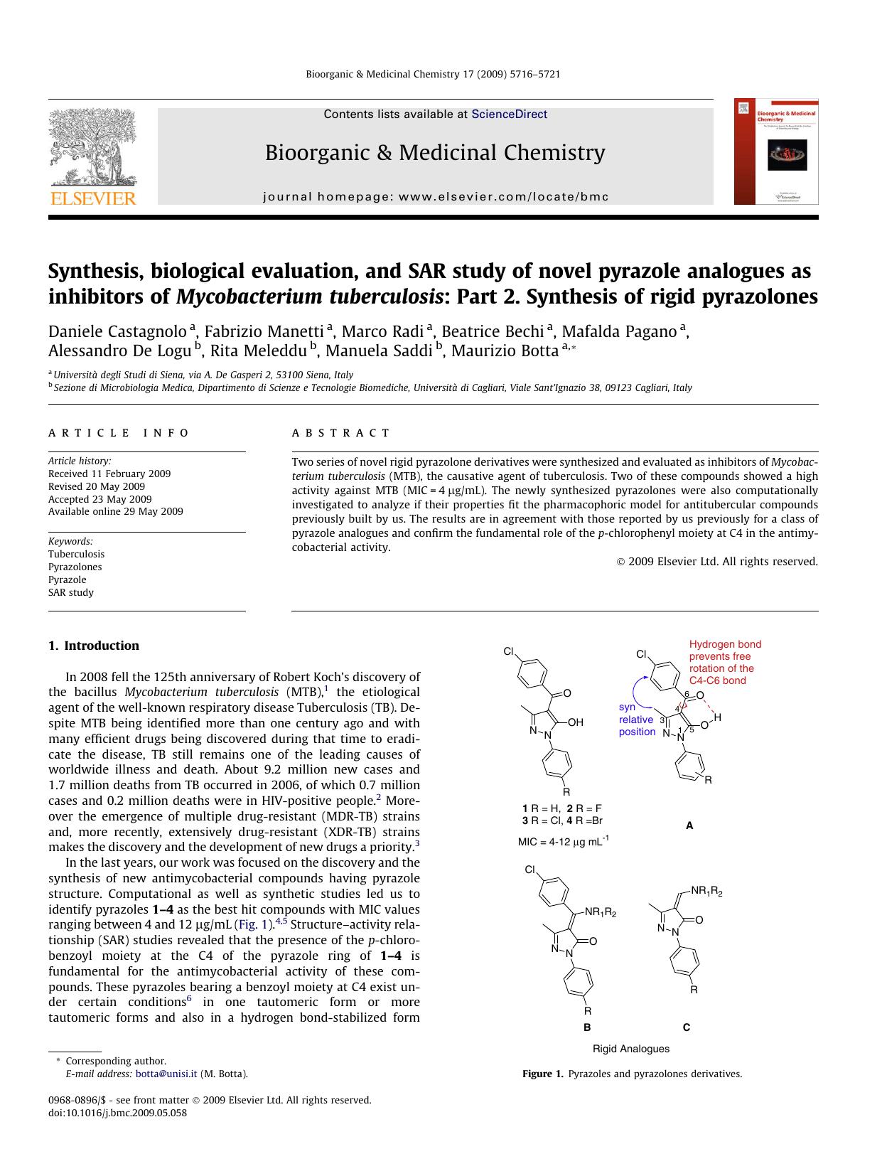Synthesis, biological evaluation, and SAR study of novel pyrazole analogues as inhibitors of Mycobacterium tuberculosis: Part 2. Synthesis of rigid pyrazolones by unknow